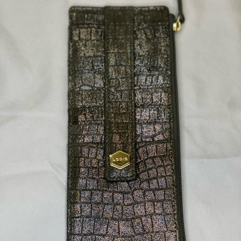 Lodis Metallic Black Croc-Embossed Clutch NWOT